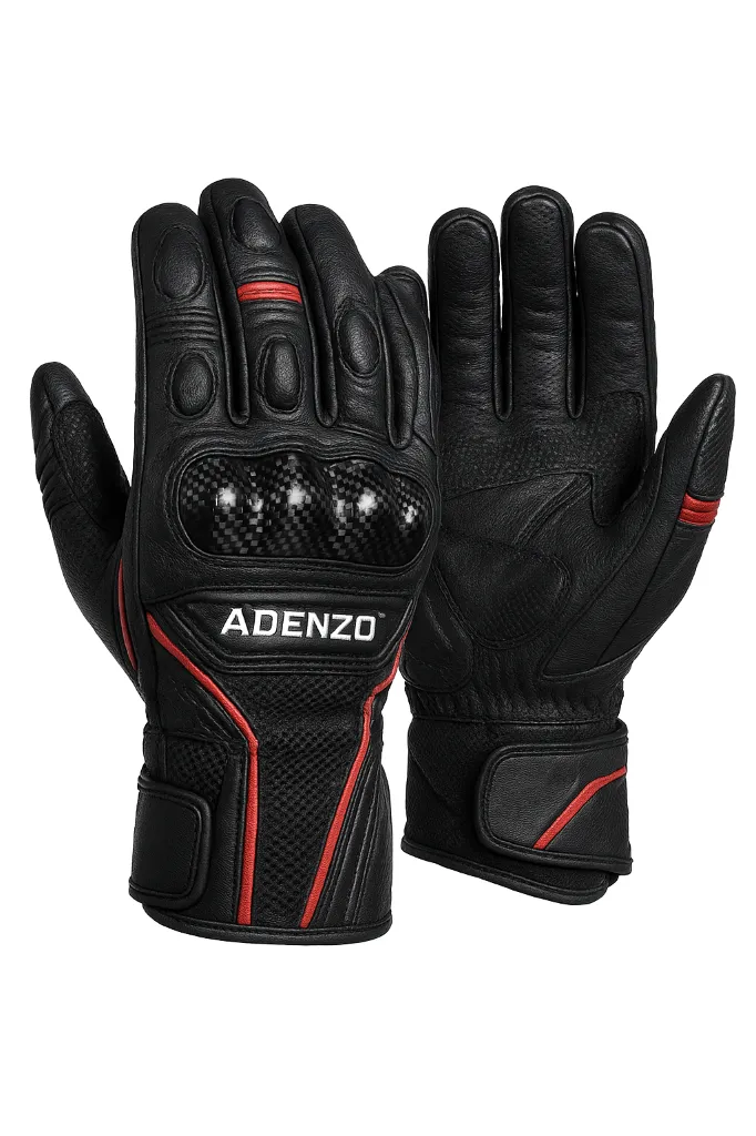 Adenzo™ Carbon-Fiber Racing Motorcycle Gloves – Full Knuckle Protection, Reinforced Palm Grip, Touchscreen Tips, Premium Leather + Mesh Hybrid – For Racing, Sport Bikes & High-Speed Riding